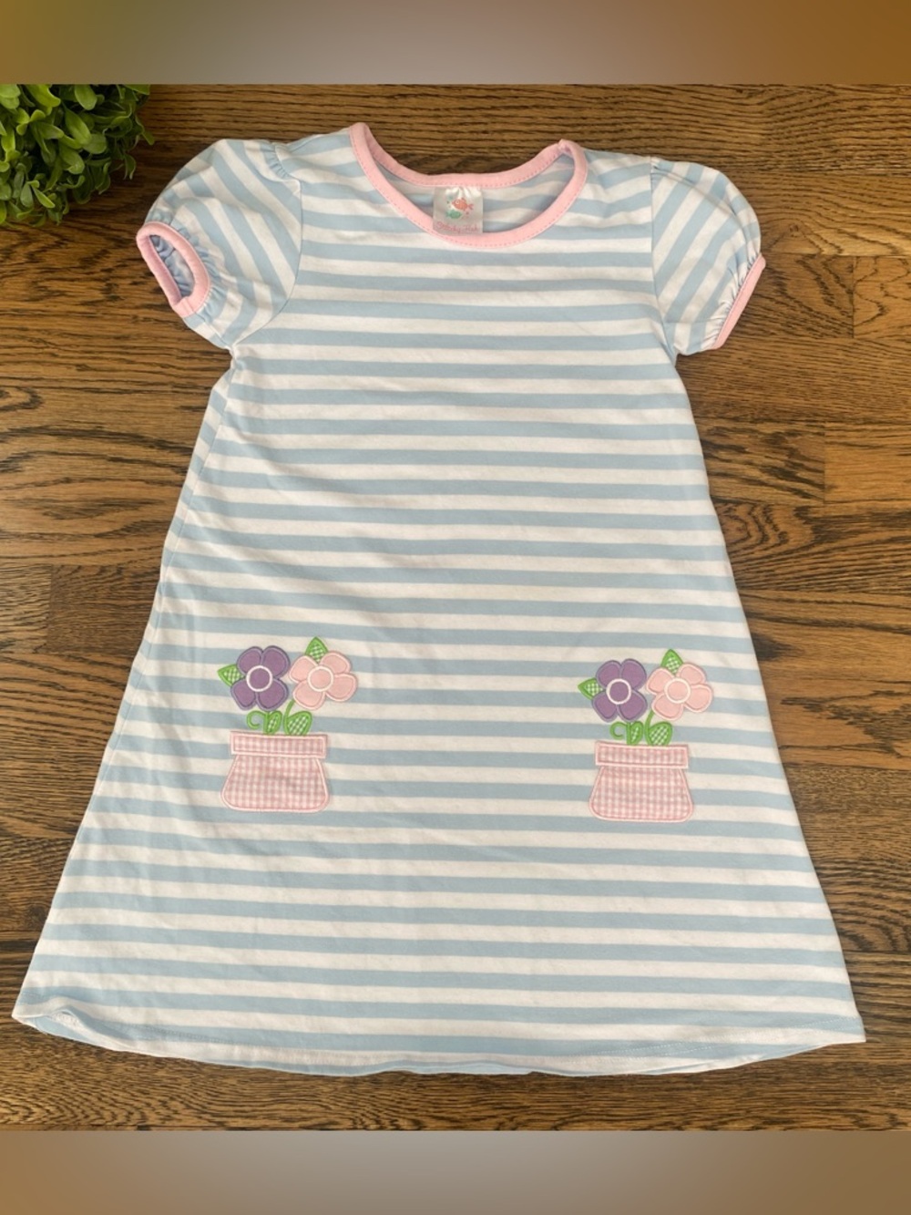 Stitchy Fish Striped Short Sleeve Flower Pot Dress Sz 5